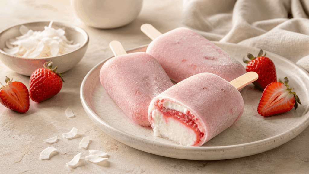 Mehrere rosa Erdbeer-Kokos-Eis am Stiel liegen auf einer hellen Fläche, dekoriert mit frischen Erdbeeren und Kokosraspeln.