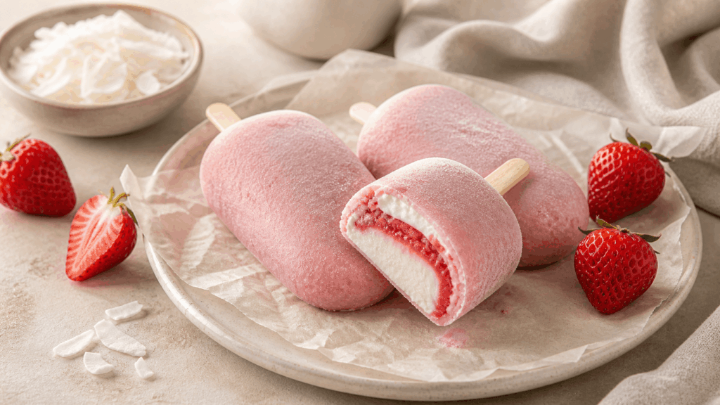 Mehrere Erdbeer-Kokos-Eis am Stiel sind auf einer hellen Fläche angerichtet, daneben liegen Erdbeeren und Kokosflocken.