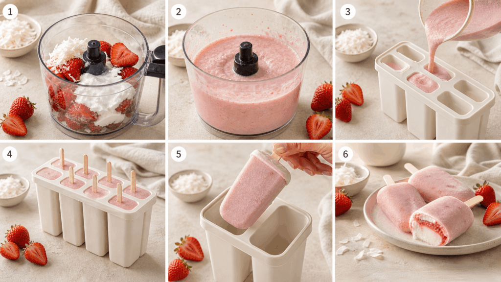 Step-by-Step-Anleitung für veganes Erdbeer-Kokos-Eis am Stiel ohne Zucker mit einzelnen Zubereitungsschritten von der Creme bis zum fertigen Eis.