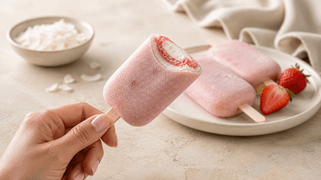 Ein Erdbeer-Eis am Stiel liegt mit frischen Erdbeeren und Kokos auf einer hellen Oberfläche.