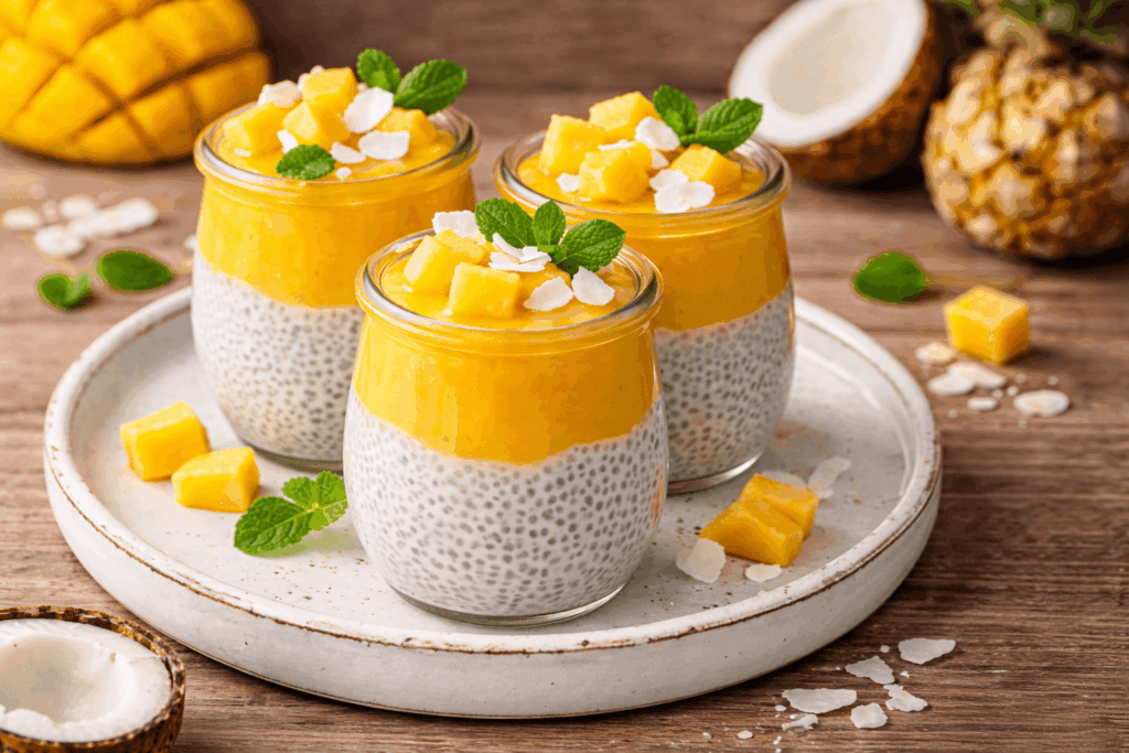 Cremiger Chia Pudding mit Mango und Kokos in drei Gläsern, geschichtet mit Chiasamen, Mango-Püree, frischen Mangostücken und Kokosflocken auf rustikalem Holzuntergrund.