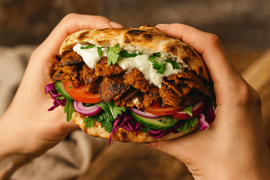 Zwei Frauenhände halten einen halb gegessenen, veganen Döner mit Räuchertofu, Knoblauchsoße, Rotkraut, Gurken und frischen Kräutern in glutenfreiem Fladenbrot – hormonfreundlich, zuckerfrei und perfekt für die Follikelphase.