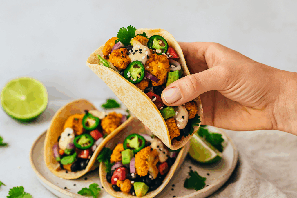 Frau hält veganen, zuckerfreien Blumenkohl-Taco mit Mandelmus-Soße in der Hand – gesunder Streetfood-Moment