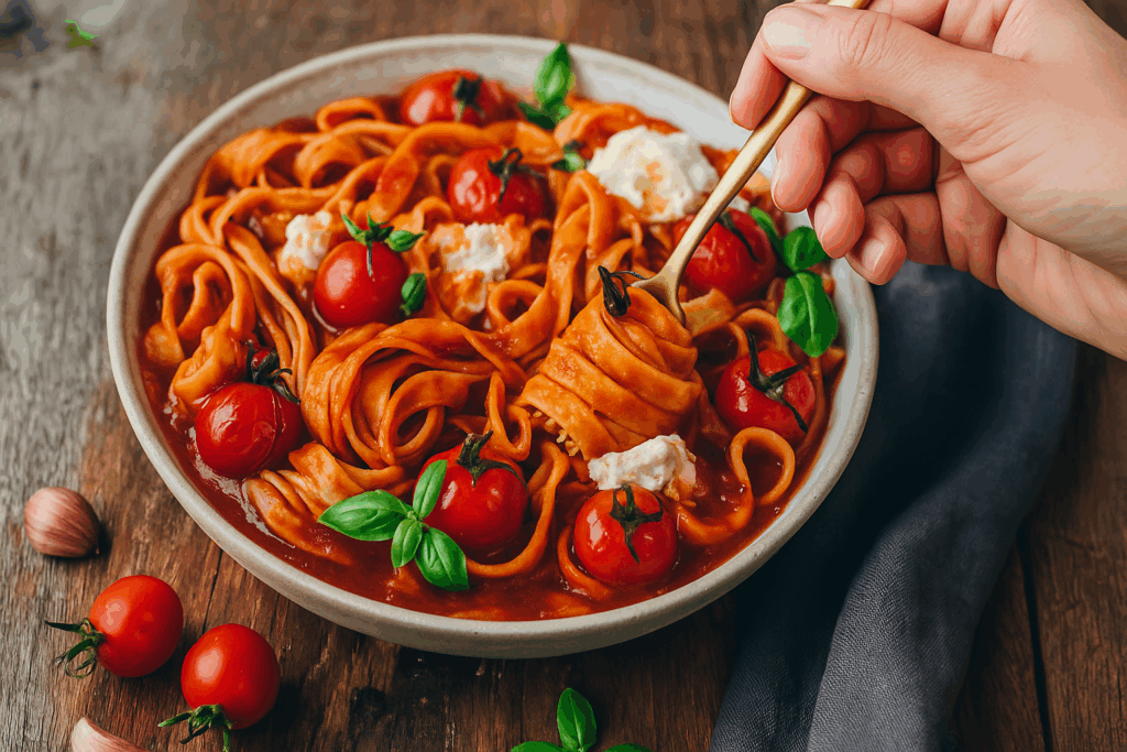 zyklusfreundliche rezepte. Zuckerfreie Pasta Napoli in einer weißen Schale mit Ofen-Tomaten, veganem Frischkäse und Basilikum – gesundes, hormonfreundliches Abendessen für Frauen.