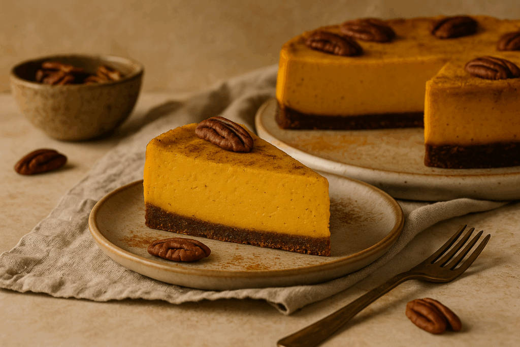 Stück veganer Kürbis Käsekuchen ohne Zucker auf Teller mit Pekannuss – cremiges Herbst Dessert 
