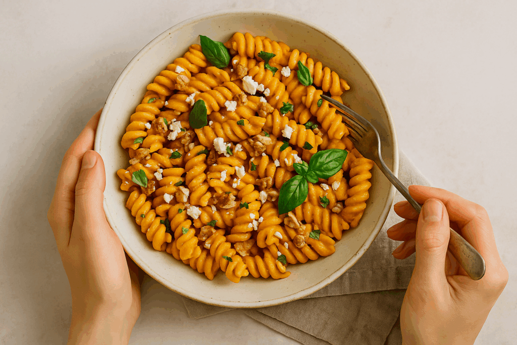 Hände halten einen Teller cremige Pasta mit Kürbissauce, garniert mit veganem Feta, Walnüssen und Basilikum, dazu eine Gabel – herbstliches, veganes Rezept.