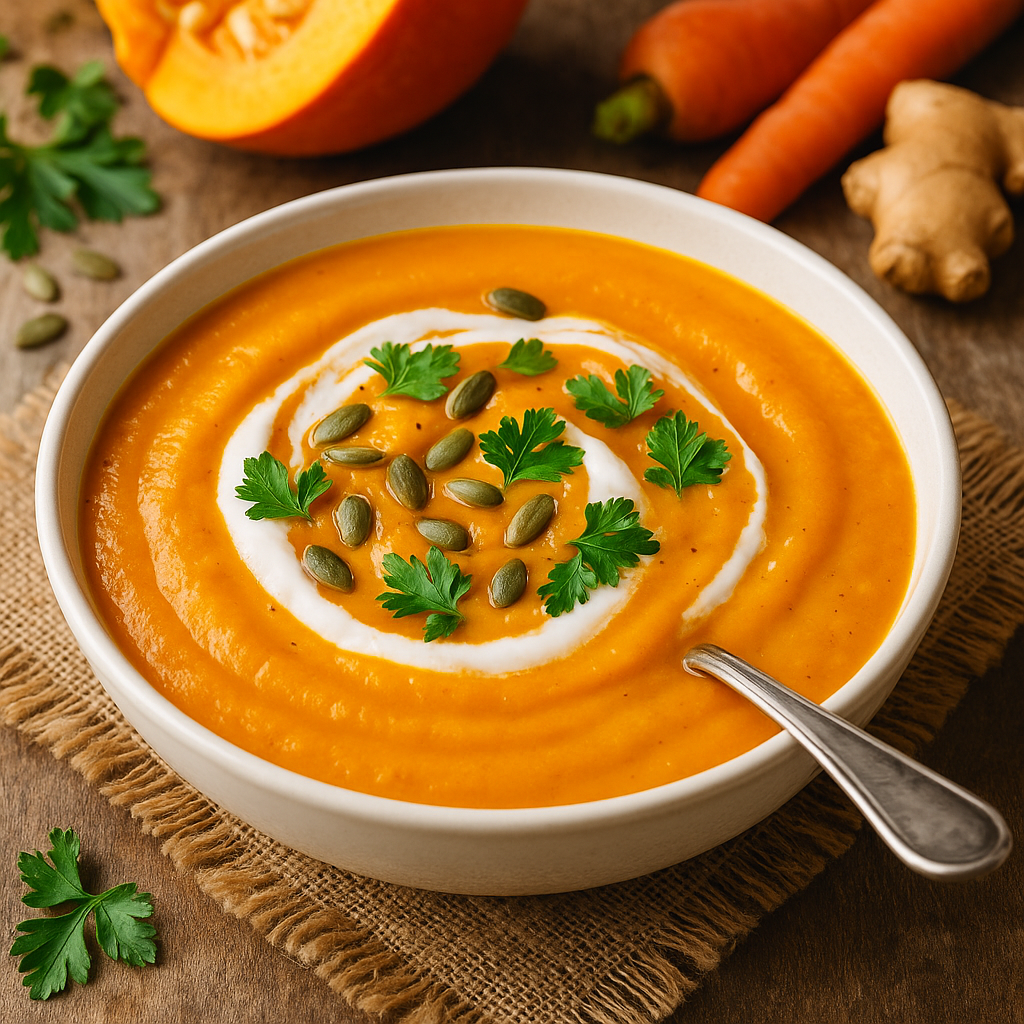 Cremige Kürbissuppe in einer weißen Schale, dekoriert mit einem klaren Kokosjoghurt-Swirl, knackigen Kürbiskernen und frischer Petersilie. Helles, natürliches Licht betont die Struktur und den Glanz der Suppe, rustikaler Holztisch mit Kürbis, Ingwer und Möhren im Hintergrund.