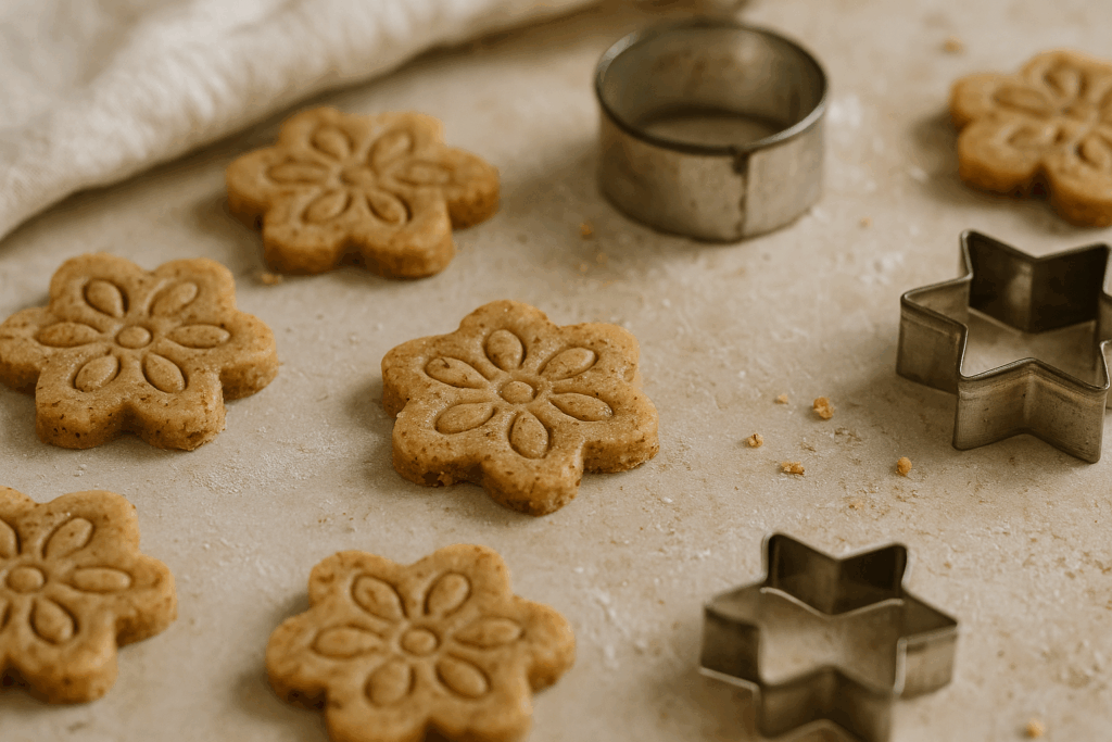 Vegane nussige Ausstechplätzchen ohne Zucker mit Mandeln und Walnüssen, in Stern- und Herzform ausgestochen, auf Holztisch mit Keksdose und Krümeln