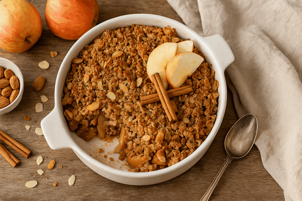 Ein goldbraun gebackener Apfel-Zimt-Crumble mit knusprigen Haferflocken und Mandeln in einer kleinen Auflaufform. Serviert auf einem rustikalen Holztisch mit beigem Leinentuch, Apfelscheiben, Zimtstangen und Mandeln als Deko. Natürliches, warmes Licht im Ibiza-Boho-Stil. Das Bild zeigt ein veganes, zuckerfreies und hormonfreundliches Weihnachtsdessert – perfekt für gemütliche Wintertage und bewussten Genuss ohne Zucker.