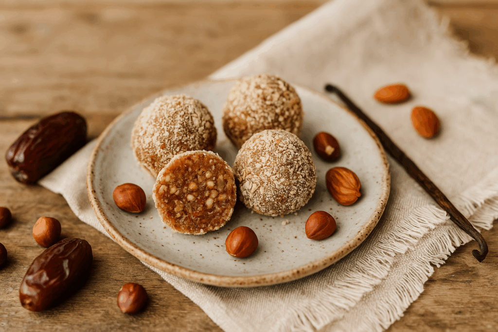 Hausgemachte Dattel-Pralinen mit Haselnüssen und Vanille auf einem rustikalen Holzteller, arrangiert im Ibiza-Boho-Stil. Einige Pralinen sind aufgebrochen und zeigen ihre cremige Füllung. Umgeben von Datteln, Haselnüssen, Vanilleschoten und einem beigen Leinentuch. Warmes, natürliches Licht. Das Bild steht für ein gesundes, veganes und zuckerfreies Weihnachtsdessert, das hormonfreundlich, nährstoffreich und ideal für die Winterzeit ist.