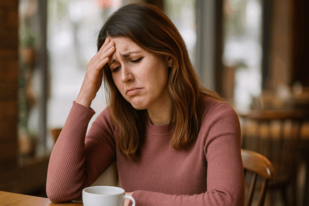 Eine jüngere Frau Anfang 30 sitzt in einem Café und wischt sich die Stirn. Sie wirkt peinlich berührt, da sie plötzlich eine Hitzewallung bekommt. Authentische Alltagsszene, die zeigt, dass Hitzewallungen auch ohne Wechseljahre auftreten können.