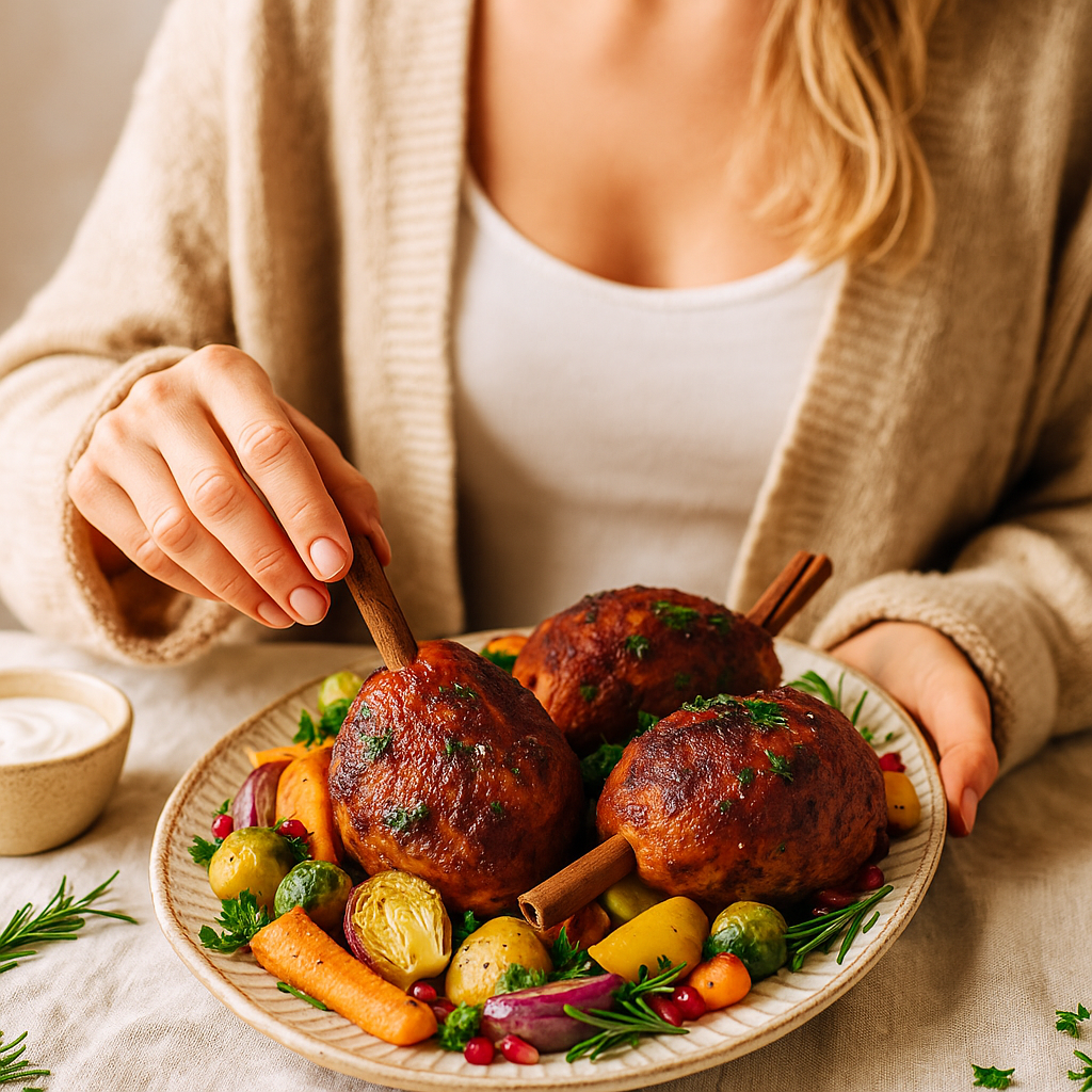 Frau im beigen Leinenkleid sitzt an einem rustikalen Holztisch im Sonnenlicht und serviert drei goldbraune vegane Hähnchenkeulen aus Jackfruit und Austernpilzen mit Ofengemüse, frischen Kräutern und Terracotta-Deko.