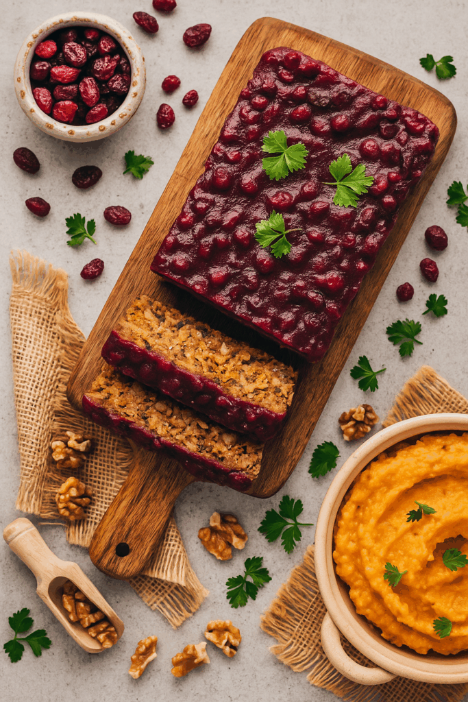 Helles, natürliches Food-Foto eines veganen Linsenbratens mit Cranberry-Glasur und cremigem Süßkartoffelstampf auf einem Keramikteller. Dekoriert mit frischen Kräutern, Zwiebeln und goldenen Details. Das Bild symbolisiert ein festliches, pflanzliches und hormonfreundliches Weihnachtsgericht – warm, nährend und zuckerfrei.