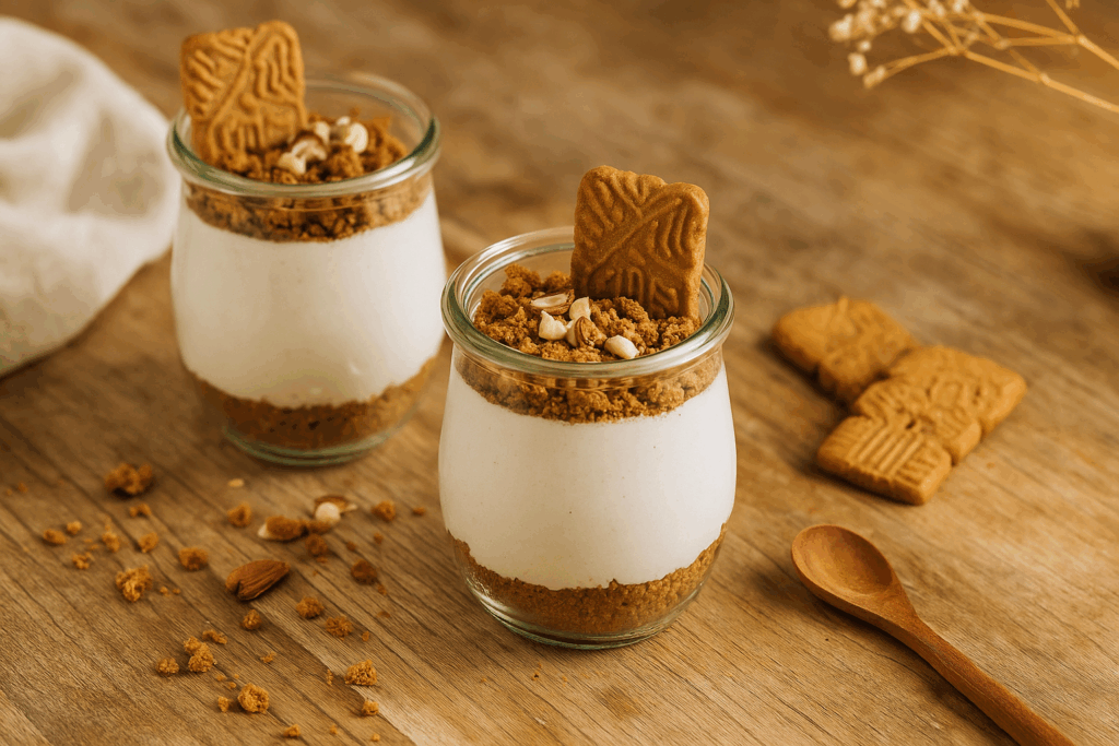 Zwei kleine Gläser mit veganem Spekulatius-Cheesecake, geschichtet mit cremiger Cashew-Vanille-Füllung und zerkleinerten Spekulatius-Keksen. Dekoriert mit Zimt, Nüssen und goldenen Krümeln auf einem rustikalen Holztisch mit beigem Leinentuch. Warmes, goldenes Licht im Ibiza-Boho-Stil. Das Bild steht für ein gesundes, zuckerfreies und hormonfreundliches Weihnachtsdessert – cremig, festlich und pflanzlich.