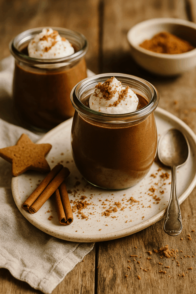 Zwei kleine Gläser mit cremigem, veganem Lebkuchen-Schoko-Mousse auf einem rustikalen Holztisch. Dekoriert mit Zimt, Kakaopulver, gehackter Schokolade und einem Hauch Mandelmus. Umgeben von einem beigen Leinentuch und goldener, warmer Boho-Lichtstimmung. Das Bild symbolisiert ein gesundes, zuckerfreies und hormonfreundliches Weihnachtsdessert im natürlichen Ibiza-Boho-RESET-Stil.