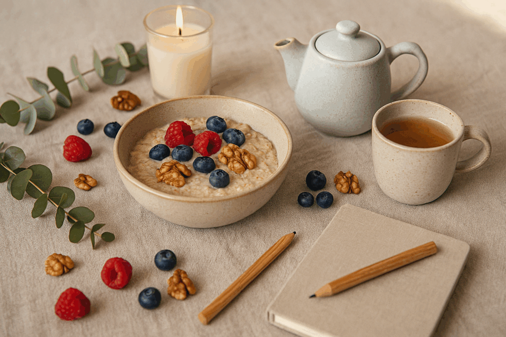 Frühstückstisch im Ibiza-Boho-Stil mit Overnight Oats, Beeren, Nüssen, Kräutertee, Notizbuch und Eukalyptuszweig – Symbol für hormonfreundliches Abnehmen in den Wechseljahren