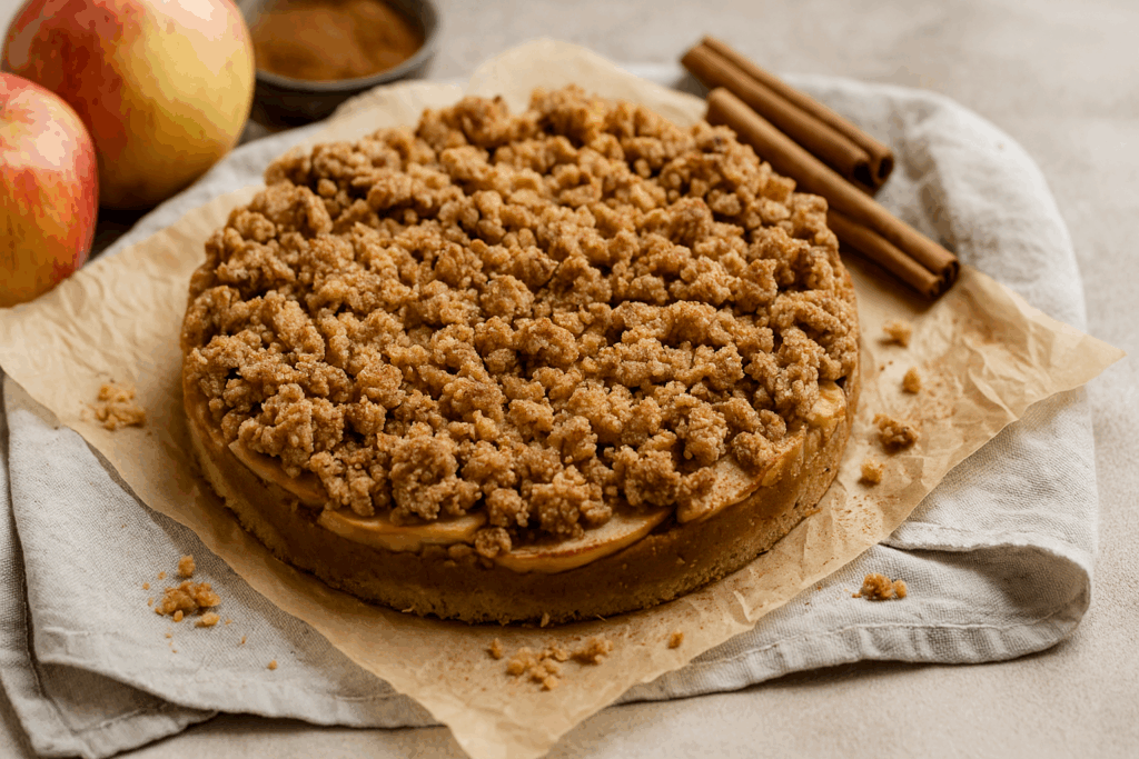 Ein goldbrauner, veganer Apfel-Zimt-Streuselkuchen ohne Zucker auf einem Leinentuch, umgeben von frischen Äpfeln, Zimtstangen und Mandeln. Natürliches Herbstlicht, warme Boho-Farben im RESET-Stil. Ideal als hormonfreundliches Dessert für Frauen mit PMS oder in den Wechseljahren.