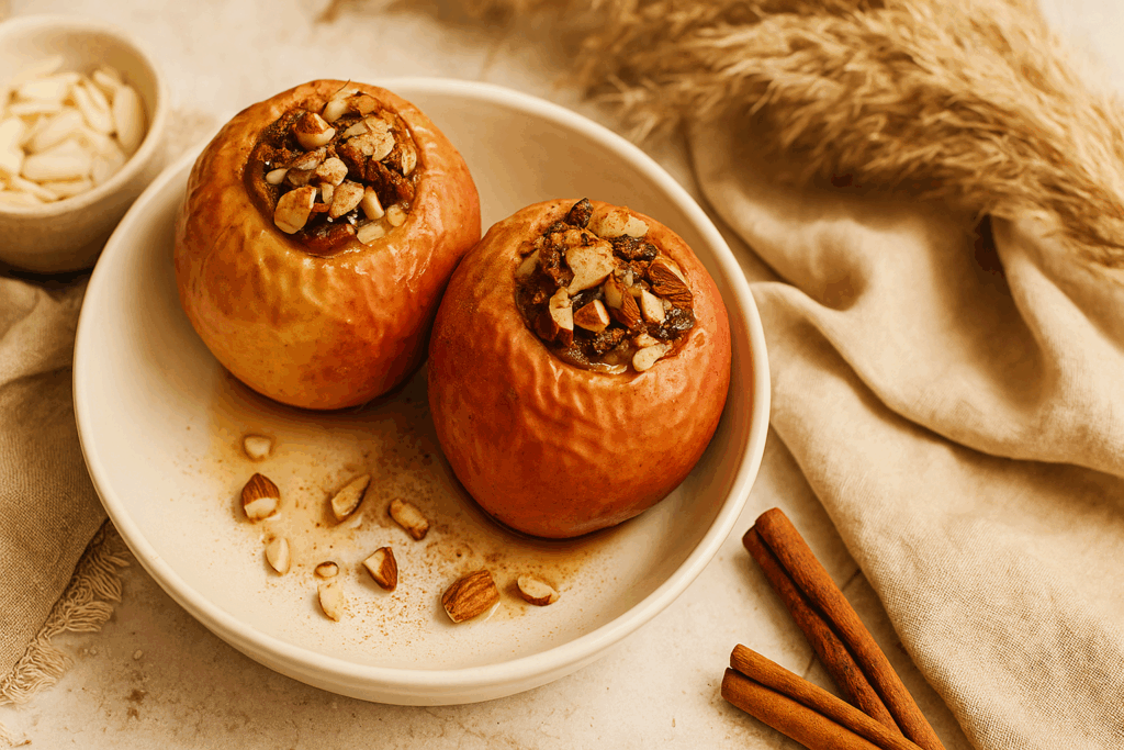 Ein goldbraun gebackener Bratapfel, gefüllt mit Mandeln, Zimt und Dattelpaste, serviert auf einem hellen Steinteller. Umgeben von Zimtstangen, gehackten Mandeln und einem beigen Leinentuch auf einem rustikalen Holztisch. Natürliches, warmes Licht im Ibiza-Boho-Stil. Das Bild steht für ein gesundes, veganes und zuckerfreies Weihnachtsdessert, das hormonfreundlich und voller Wohlfühlaromen ist.