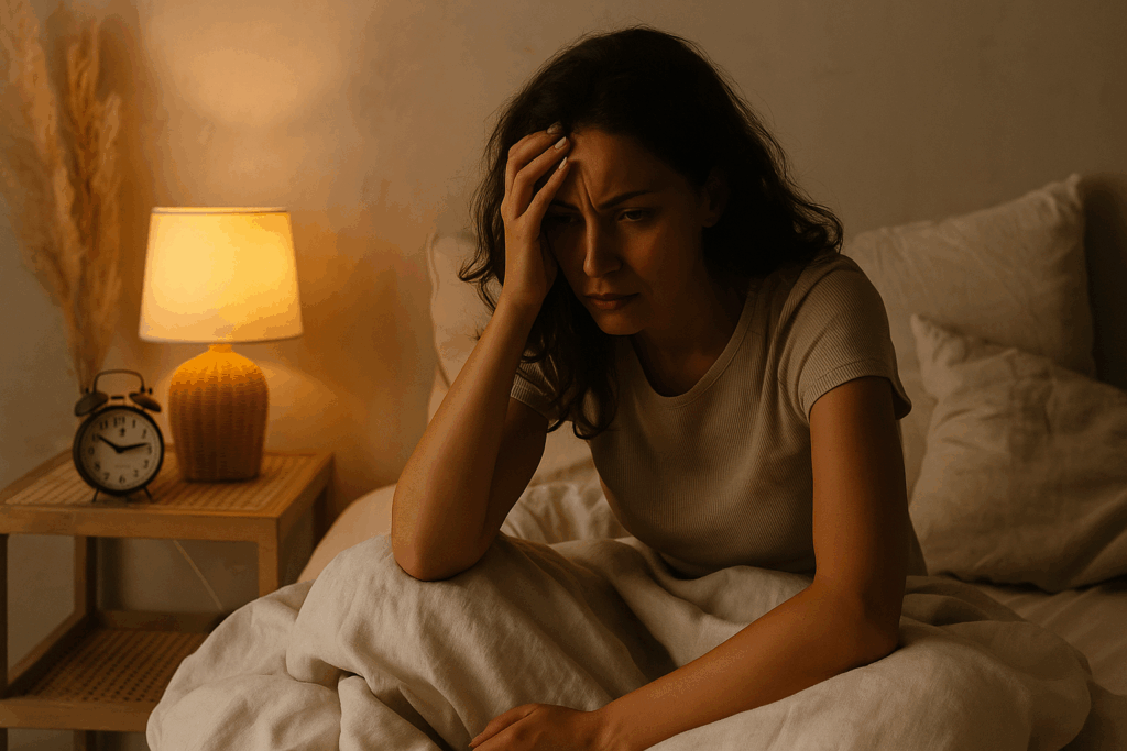 Gestresste Frau sitzt nachts im Bett, hält den Kopf und kann nicht schlafen – Symbol für hormonelle Überforderung, Cortisol und Schlafprobleme bei Detox und Hormonstörungen.