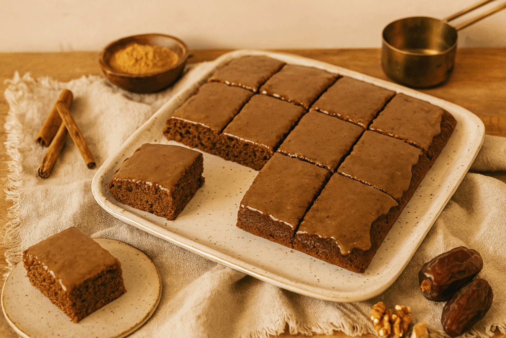 Frisch gebackener Lebkuchenkuchen vom Blech, angeschnitten auf rustikalem Holztisch mit goldener Gabel, Zimt, Mandeln und Orangenscheiben