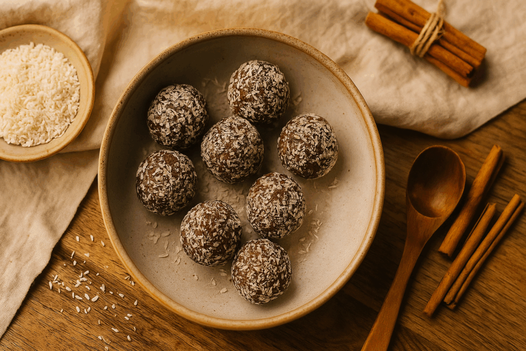 Rohkost-Lebkuchen-Energy-Balls auf rustikalem Holzbrett, umgeben von Zimt, Datteln, Kakao und Nüssen.