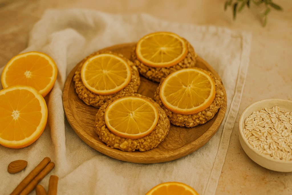 Saftige Orangen-Lebkuchen mit Haferflocken auf Holzbrett, umgeben von frischen Orangenscheiben, Zimtstangen und goldenen Löffeln.