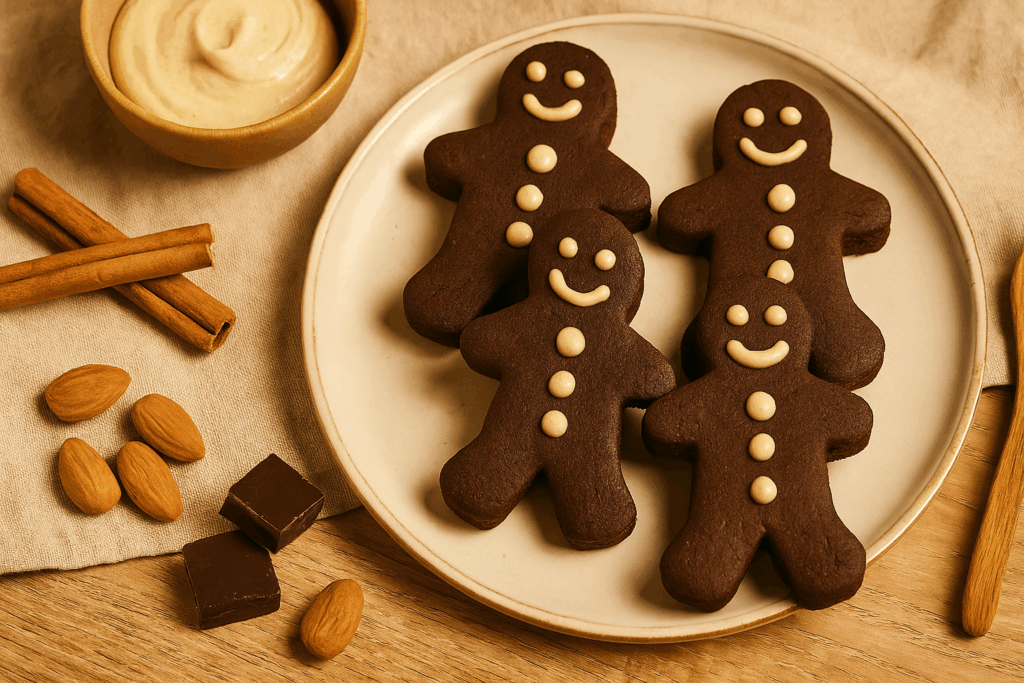 Schoko-Lebkuchenmänner mit cremigem Mandelmus-Frosting auf Holzbrett, umgeben von Zimt, Mandeln und Kakao.