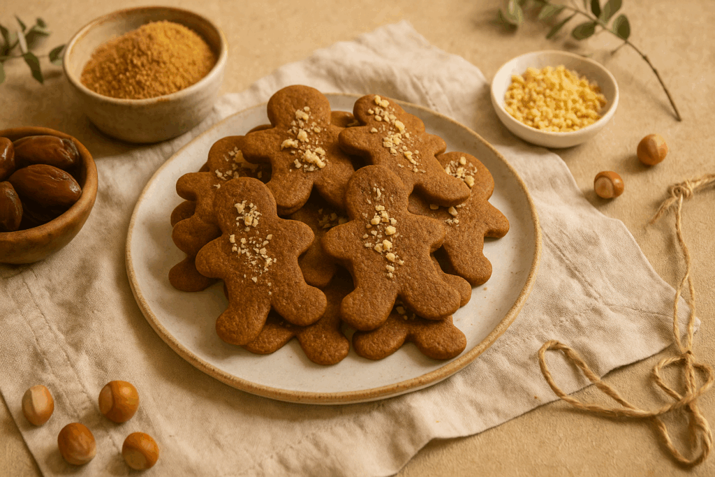 Klassische vegane Lebkuchen mit Dattelsüße auf Holzbrett, umgeben von Zimt, Mandeln, Datteln und Orangen.