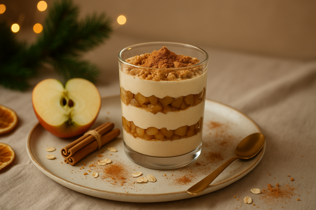 Zuckerfreies veganes Apfel-Zimt-Schichtdessert im Glas, geschichtet mit cremiger Vanille-Creme und warmem Apfelkompott, dekoriert mit Zimt, Apfelhälfte und weihnachtlichen Elementen