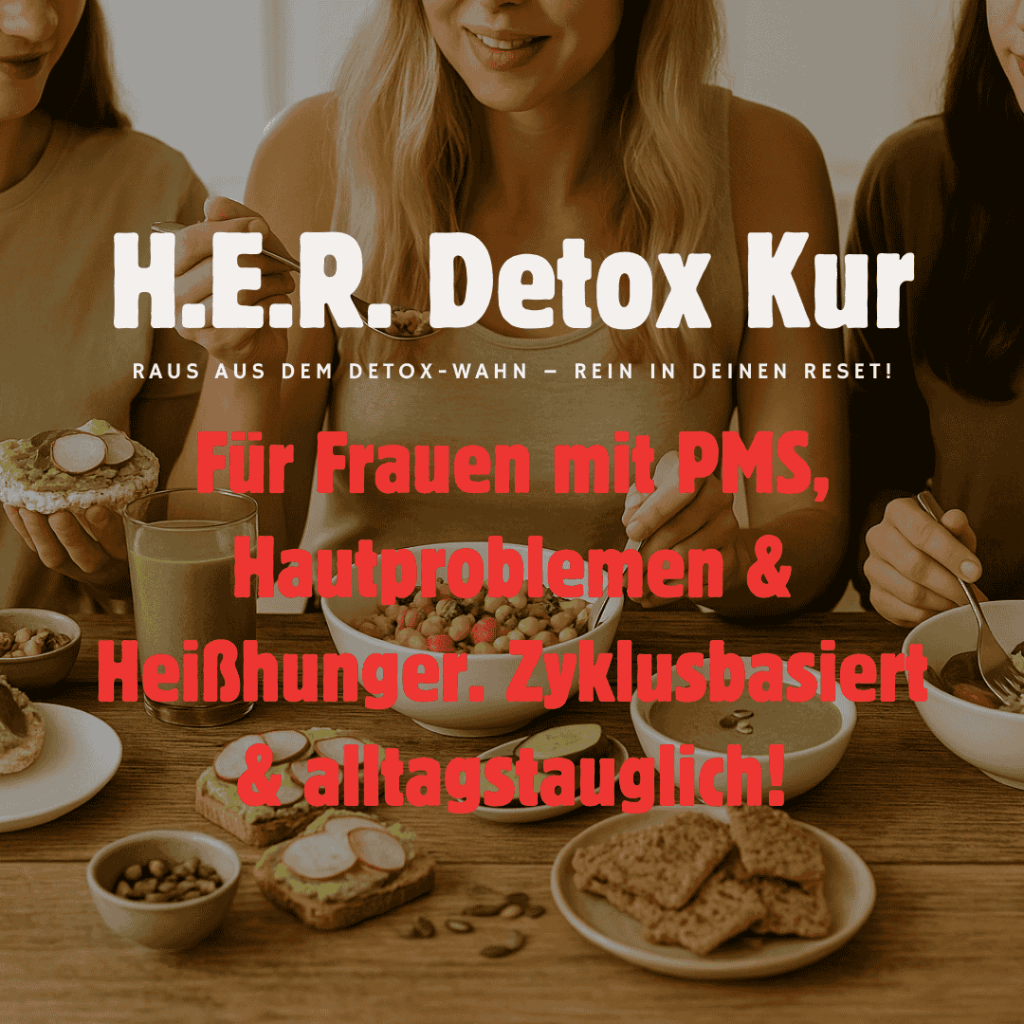 Frauen mit einem Tisch voller DETOX Lebensmittel die die Hormone stabiliesieren, der Darm entlasten und Heisshunger stoppen.