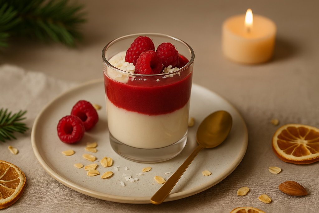Veganes, zuckerfreies Himbeer-Vanille-Dessert im Glas, geschichtet mit cremiger Vanillecreme und leuchtend roter Himbeerschicht, garniert mit frischen Himbeeren, Mandelblättchen und goldenen Details im warmen Boho-Weihnachtsstil
