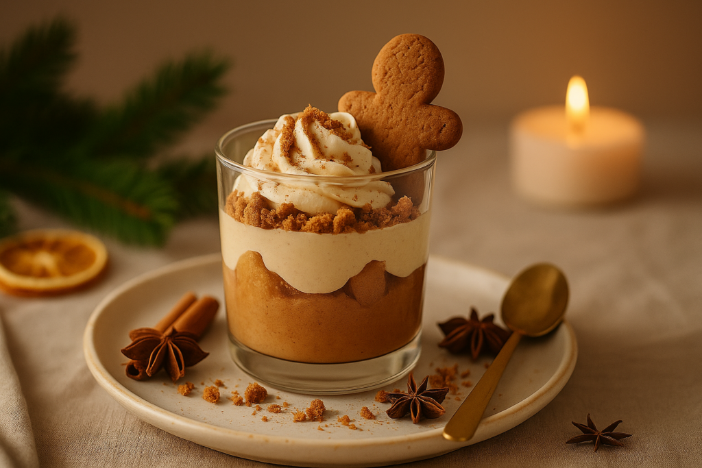 Veganes, zuckerfreies Lebkuchen-Dessert im Glas mit cremiger Vanilleschicht, Lebkuchen-Crumble und Lebkuchenfigur, dekoriert mit Zimtstangen, Sternanis und Kerzenschein im warmen Weihnachtsambiente.
