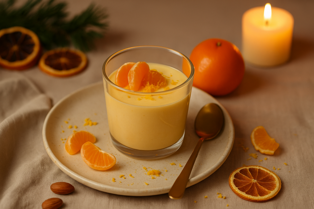 Veganes, zuckerfreies Mandarinen-Dessert im Glas mit cremiger Vanille-Kokos-Schicht, garniert mit frischen Mandarinenstücken, goldenen Löffel und weihnachtlicher Boho-Deko im warmen Kerzenlicht