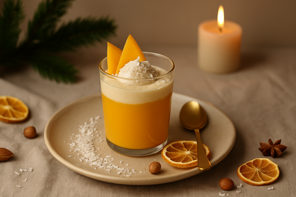 Veganes Mango-Kokos-Dessert im Glas, geschichtet mit cremiger Kokoscreme und frischer Mangoschicht, dekoriert mit Kokosraspeln, Mango-Stücken und goldenen Details im weihnachtlichen Boho-Stil mit Kerzenschein.