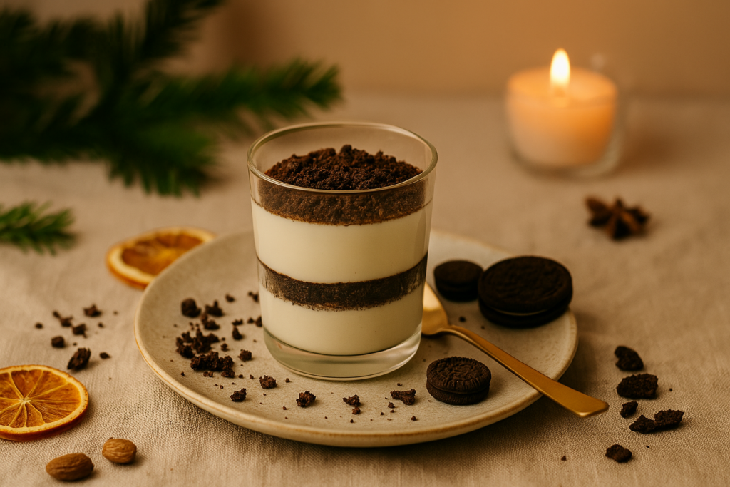 Veganes, zuckerfreies Oreo-Style-Dessert im Glas mit dunklem Haferkeks-Crunch und heller Vanillecreme, serviert auf beigem Teller mit goldenen Löffel, weihnachtlicher Deko, Tannenzweig und Kerzenschein 