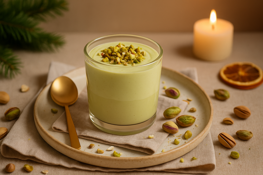 Vegane, zuckerfreie Pistaziencreme im Glas auf Keramikteller, garniert mit gehackten Pistazien, goldenen Löffel, Kerzenschein und weihnachtlicher Boho-Deko im Hintergrund.