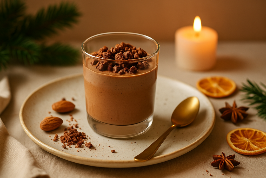 Veganes, zuckerfreies Schoko-Dessert im Glas mit cremiger Schokoladenmousse und knusprigem Nusscrunch, serviert auf hellem Teller mit goldener Deko, Mandeln, getrockneten Orangenscheiben und Kerzenschein 