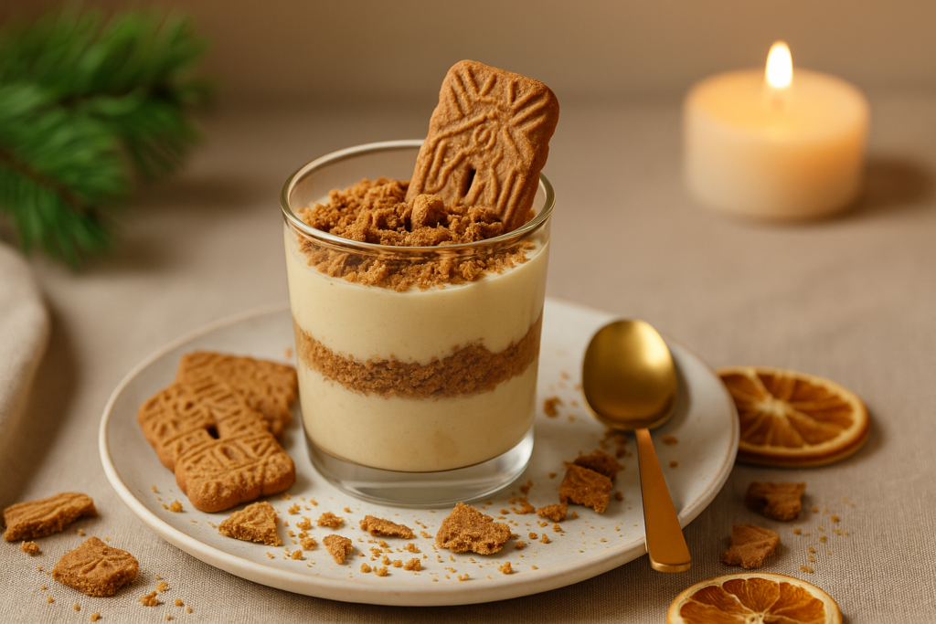 Ein weihnachtliches Spekulatius-Dessert im Glas, geschichtet mit cremiger Vanillecreme und knusprigen Spekulatiusbröseln, serviert auf einem Keramikteller mit goldfarbenem Löffel, getrockneten Orangenscheiben und einer brennenden Kerze im Hintergrund – im warmen Boho-Weihnachtsstil fotografiert.