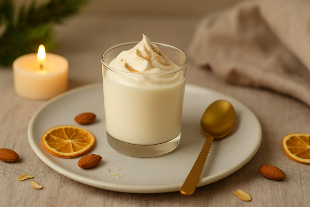 Veganes, zuckerfreies Vanille-Mousse-Dessert im Glas, cremig aufgeschlagen und mit Zimt bestäubt, serviert auf einem Keramikteller mit goldfarbenem Löffel, Mandeln, getrockneten Orangenscheiben und Kerzenschein