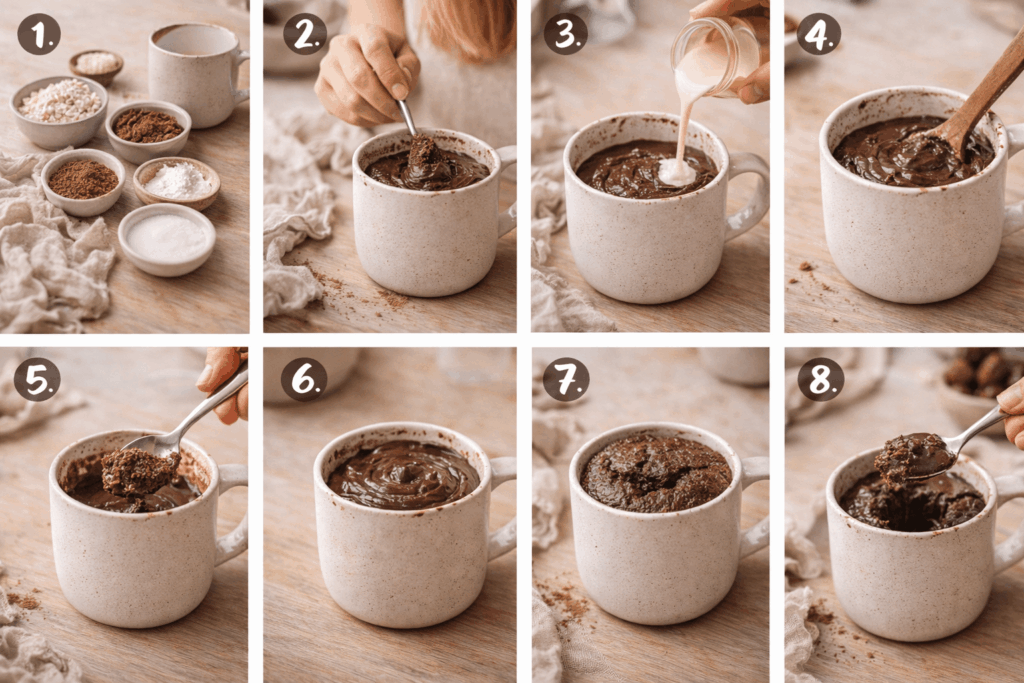 Schritt-für-Schritt Zubereitung eines veganen Schoko Tassenkuchens mit Hafermehl, Kakaopulver und pflanzlicher Milch in einer Keramiktasse, fotografiert bei warmem Tageslicht.