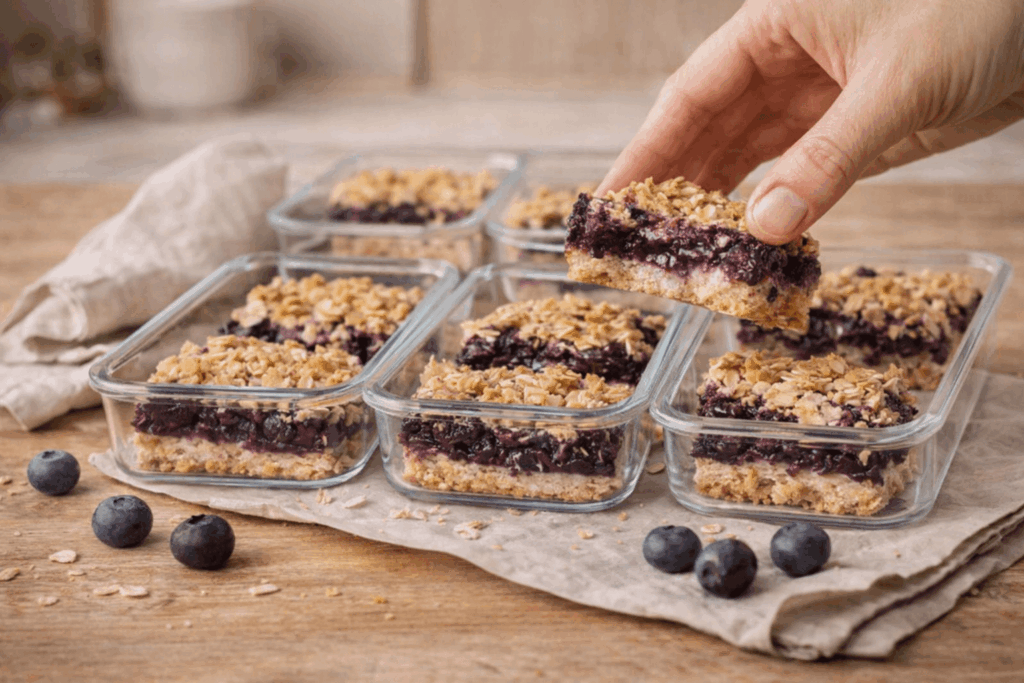 Vegane Blaubeer-Haferflockenriegel in Glas-Meal-Prep-Boxen, während eine Hand einen Riegel in die Box legt – zuckerfreies Frühstück zum Vorbereiten für mehrere Tage.