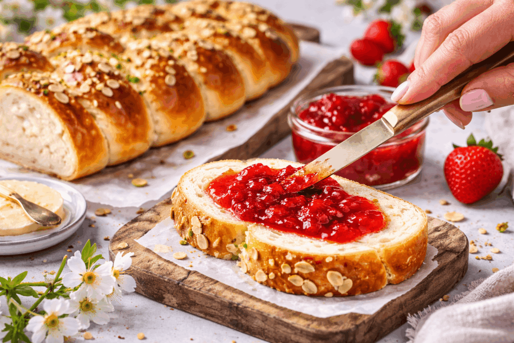Hand streicht Erdbeermarmelade mit Fruchtstücken auf eine Scheibe Hefezopf, Marmeladenglas im Hintergrund.