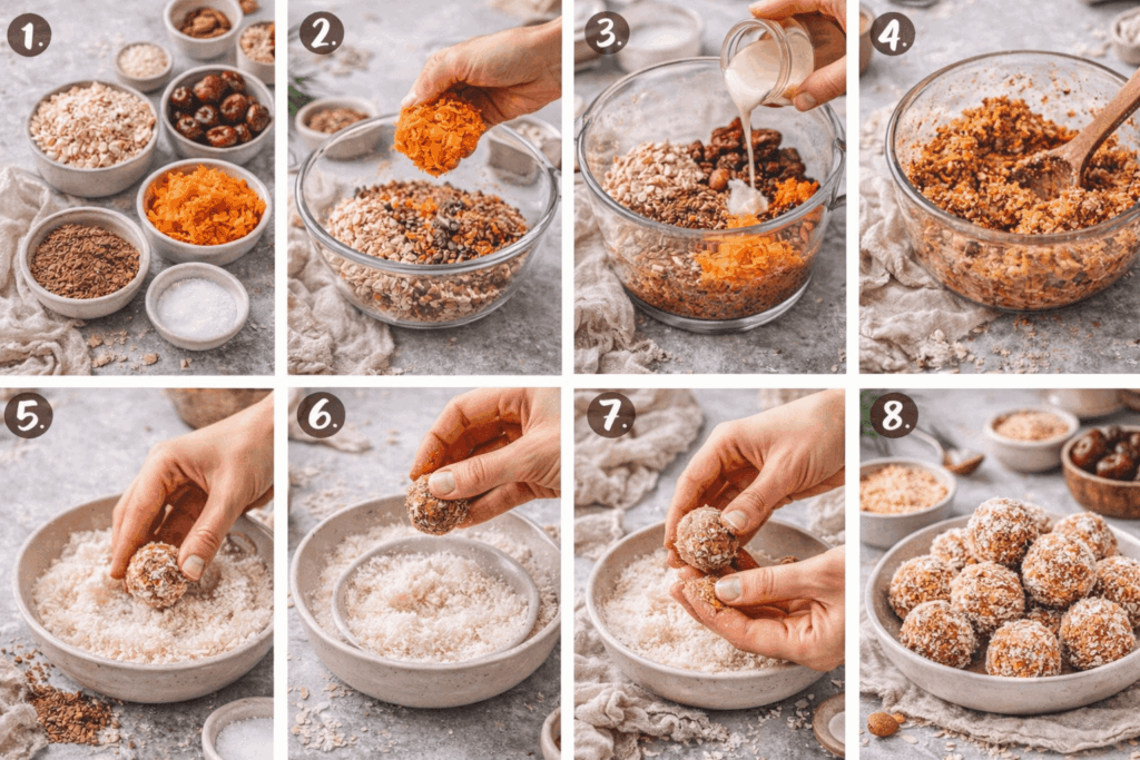 Step-by-step Collage zur Herstellung von Karotten Bliss Balls: Zutaten vorbereiten, Karotten und Datteln mischen, Masse kneten, Kugeln formen und in Kokos wälzen.