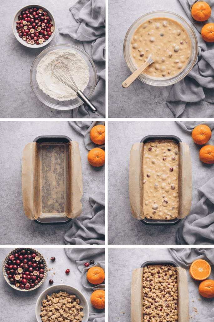 Step-by-step Zubereitung eines hormonfreundlichen, zuckerfreien Cranberry-Kuchens mit Orangen-Glasur in ruhiger Top-Down Food Photography auf grauem Steinuntergrund, mit Cranberries, Orangen und Kuchenteig in einzelnen Arbeitsschritten.