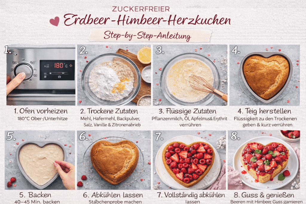 Zuckerfreier Erdbeer-Himbeer-Herzkuchen als Step-by-Step Anleitung in Herzform – von der Teigzubereitung über das Backen bis zum fertigen Kuchen mit Beeren-Guss, vegan und hormonfreundlich.