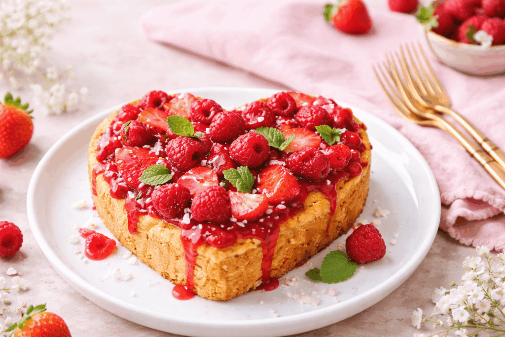Zuckerfreier Erdbeer-Himbeer-Herzkuchen auf weißem Teller mit frischen Beeren und glänzendem Beeren-Topping, vegan und hormonfreundlich gebacken, ohne Zucker.