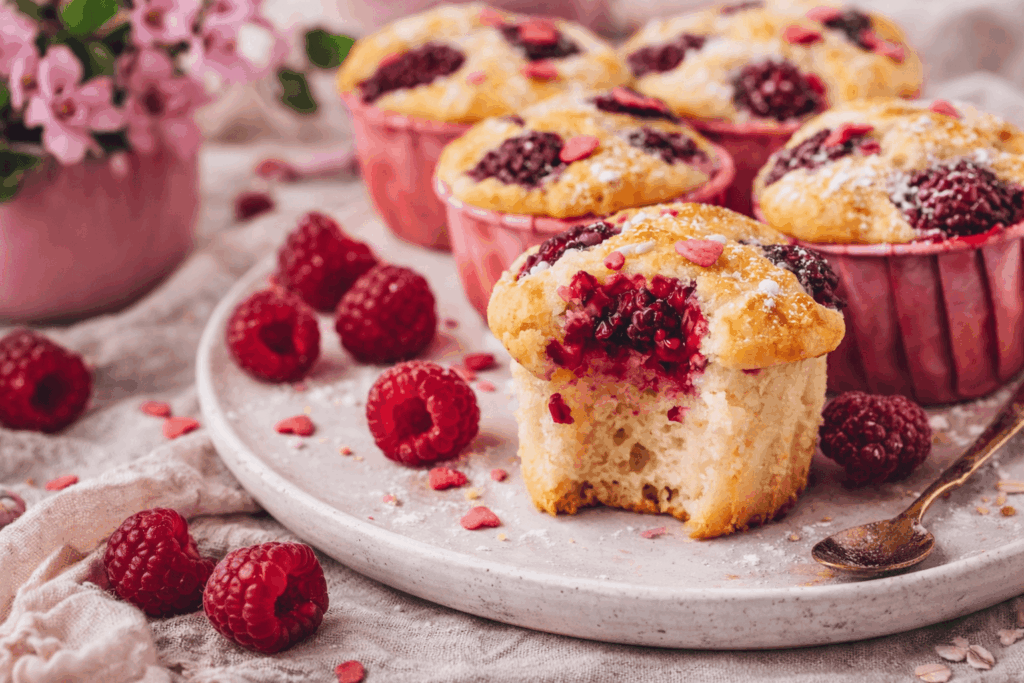 Saftiger zuckerfreier Himbeer-Muffin mit frischen Beeren, vegan gebacken, angerissen für sichtbare fluffige Textur