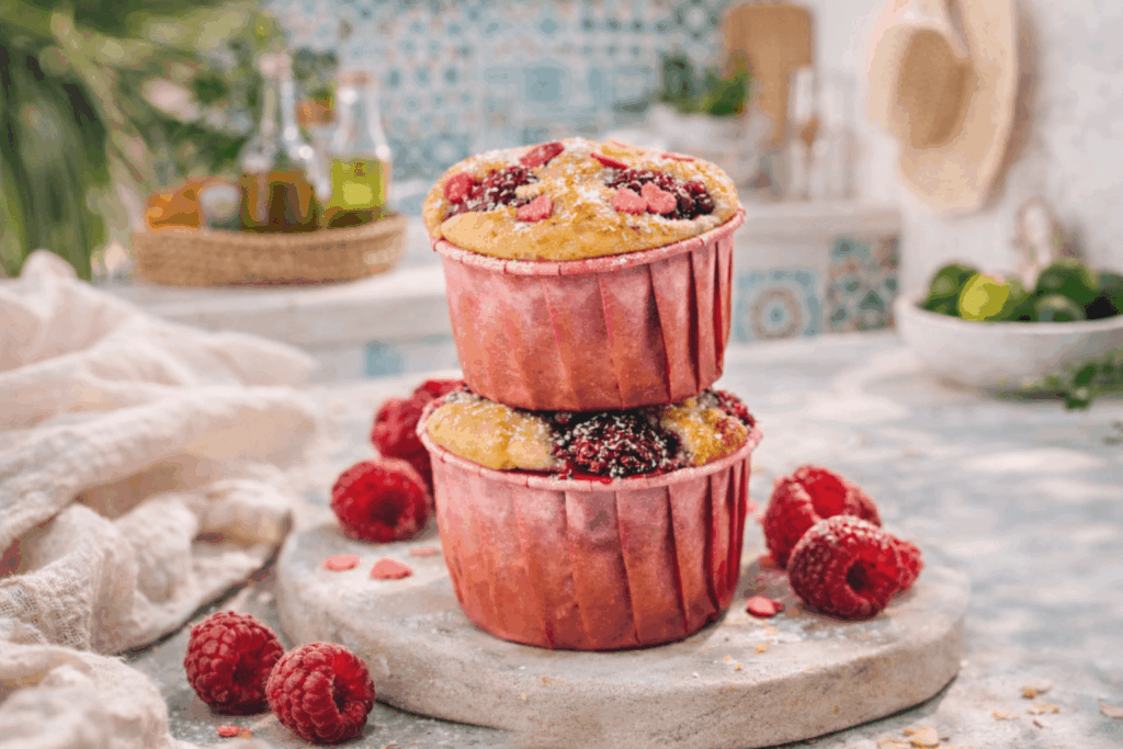 Vegane zuckerfreie Himbeer-Muffins gestapelt auf Steinplatte in heller mediterraner Küche