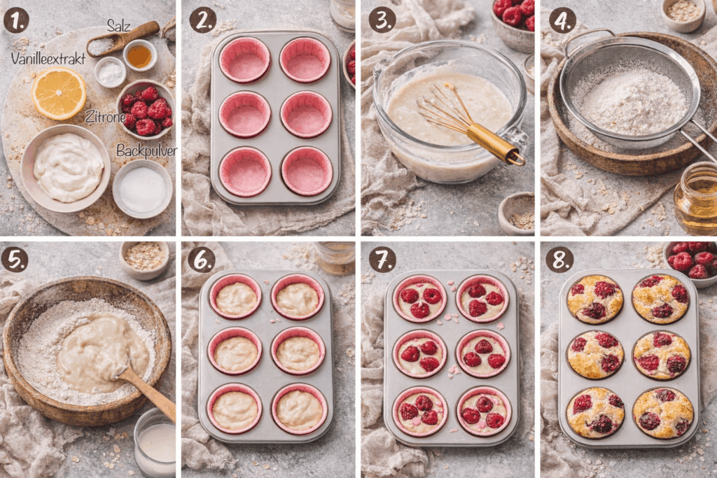 Zutaten für zuckerfreie vegane Himbeer-Muffins übersichtlich angeordnet auf Holzbrett