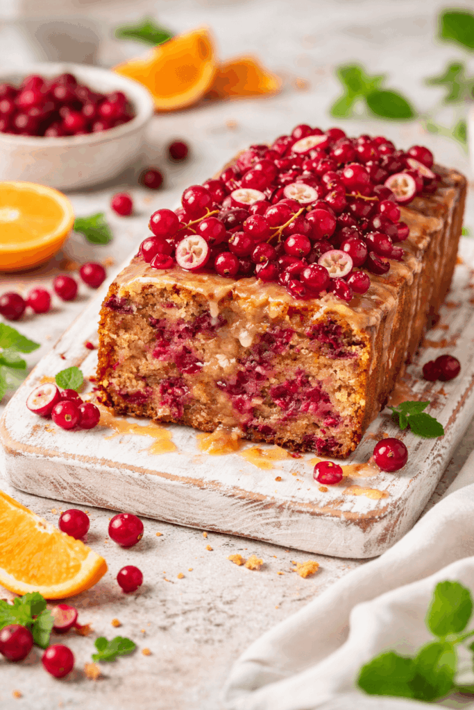 Saftiger, zuckerfreier Cranberry-Rührkuchen mit Orangen-Glasur, angeschnitten auf hellem Holzbrett, getoppt mit frischen Cranberries, fotografiert in natürlichem Licht im RESET Ibiza Food Stil.
